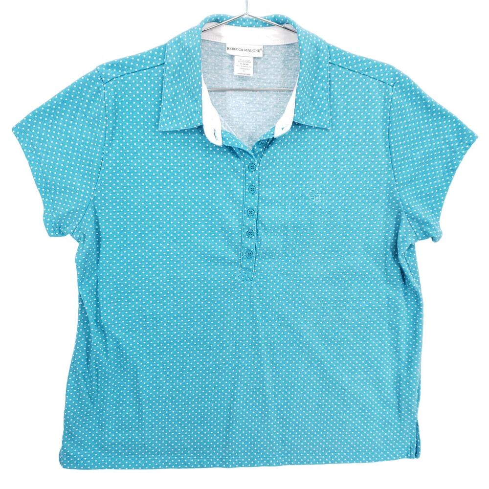 Rebecca Malone Polo Womens Large Blue White Polka Dot Collared Short Sleeve Top